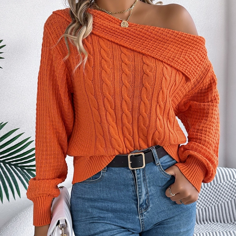 Women's Off-Shoulder Rust Sweater - Picture 3 of 11
